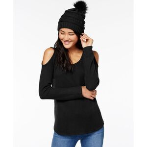 Self E Juniors Waffle Knit Cold Shoulder Top Faux Fur Trimmed Beanie